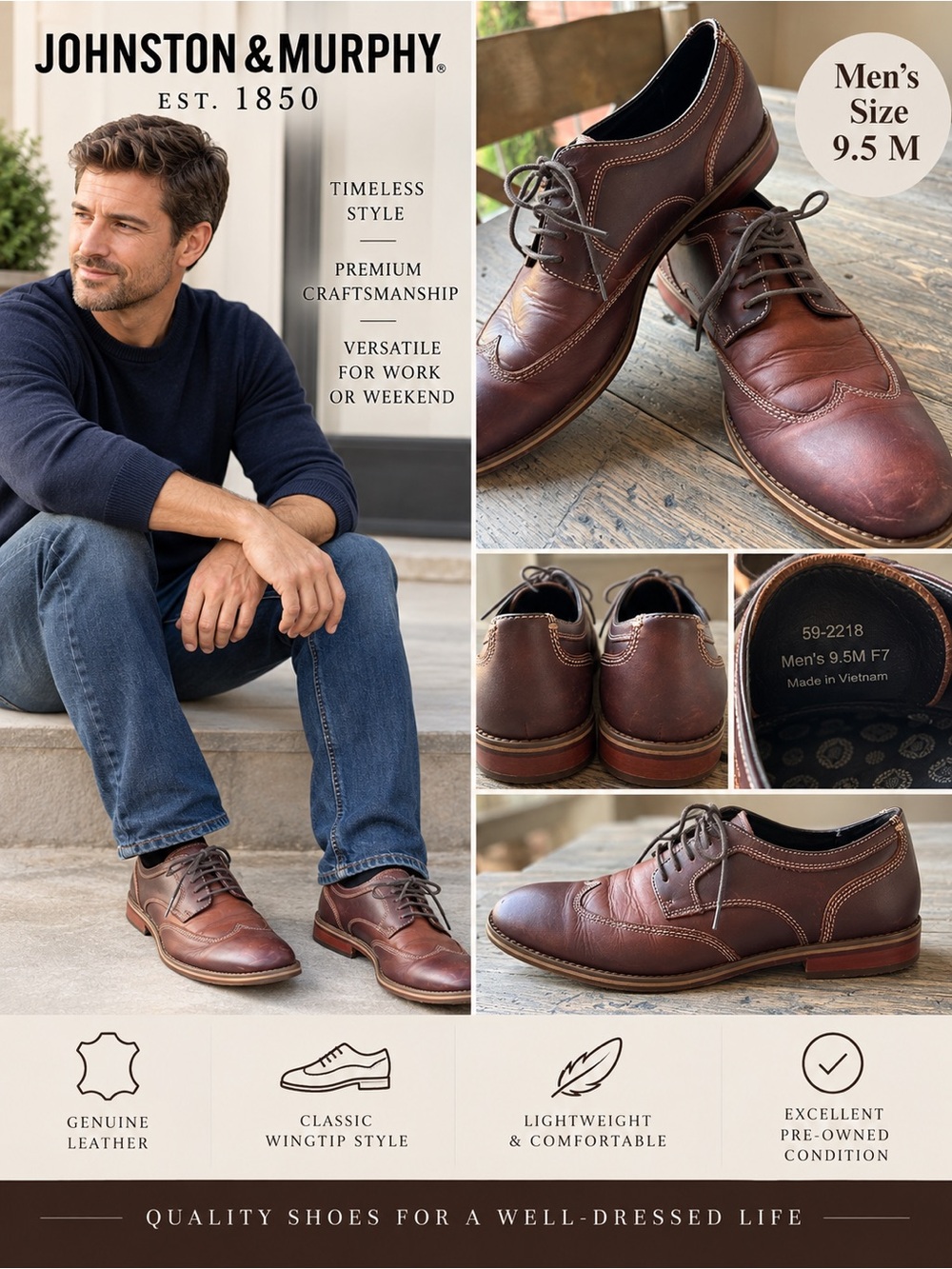 Johnston & Murphy Brown Wingtip Leather Oxfords